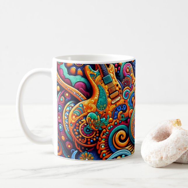 Psychedelic Batik Guitar Art–Colorful Retro Music Coffee Mug (With Donut)