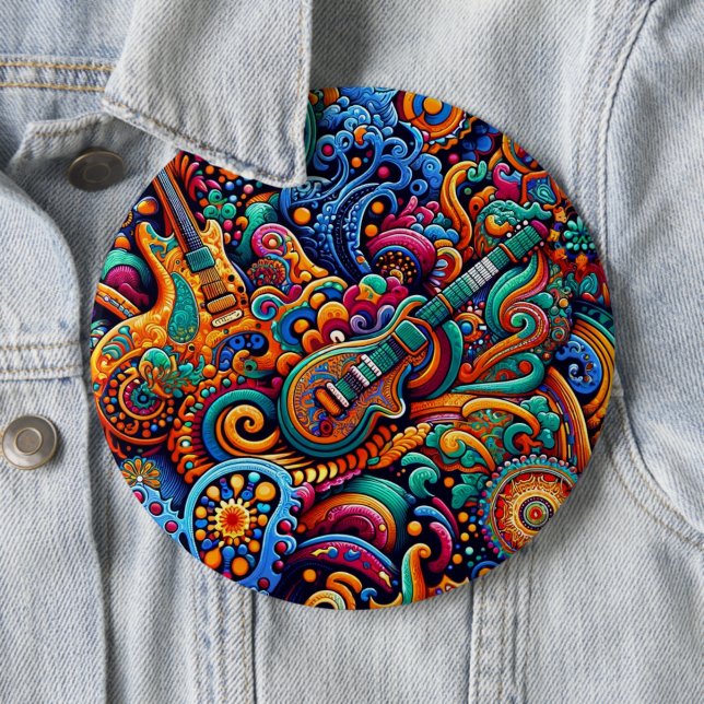 Psychedelic Batik Guitar Art–Colourful Retro Music 6 Inch Round Button (In Situ)
