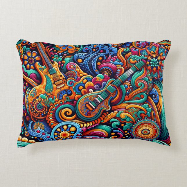 Psychedelic Batik Guitar Art–Colourful Retro Music Accent Pillow (Front)