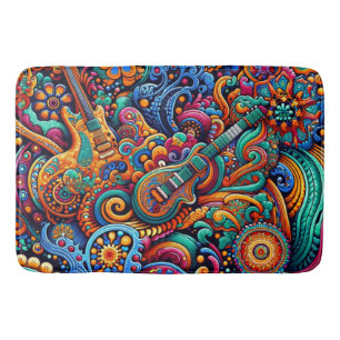 Psychedelic Batik Guitar Art–Colourful Retro Music Bath Mat