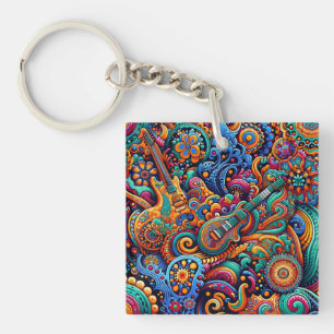 Psychedelic Batik Guitar Art–Colourful Retro Music Keychain