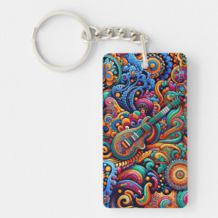 Psychedelic Batik Guitar Art–Colourful Retro Music Keychain