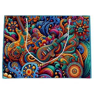 Psychedelic Batik Guitar Art–Colourful Retro Music Large Gift Bag