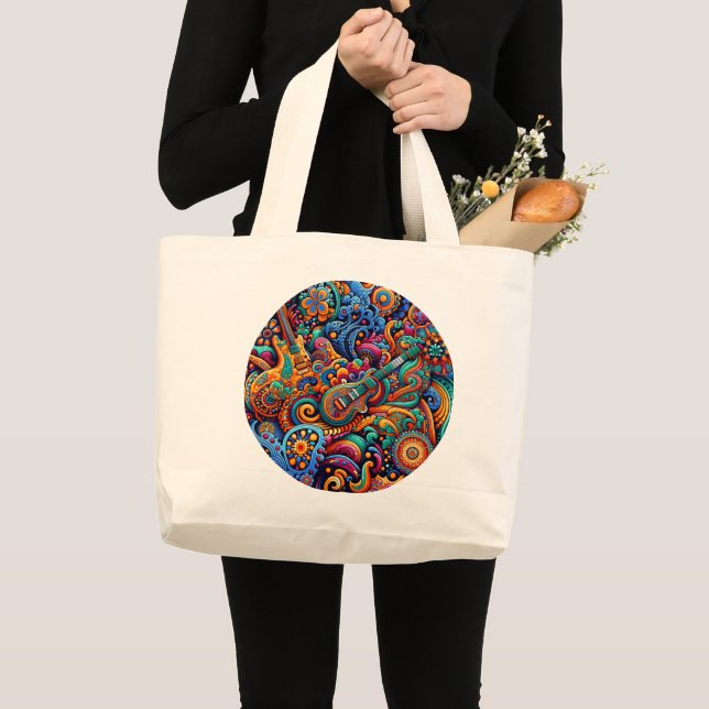 Psychedelic Batik Guitar Art–Colourful Retro Music Large Tote Bag (Front (Product))