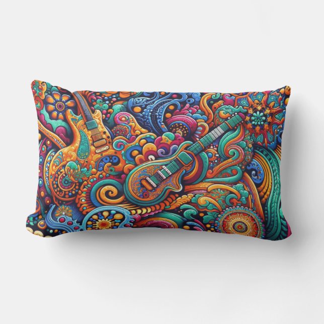 Psychedelic Batik Guitar Art–Colourful Retro Music Lumbar Pillow (Front)