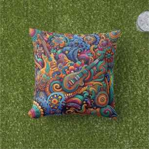 Psychedelic Batik Guitar Art–Colourful Retro Music Outdoor Pillow