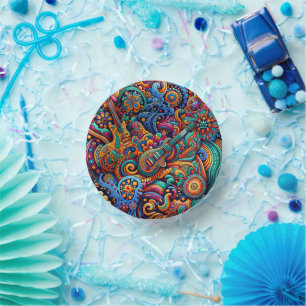 Psychedelic Batik Guitar Art–Colourful Retro Music Paper Plate