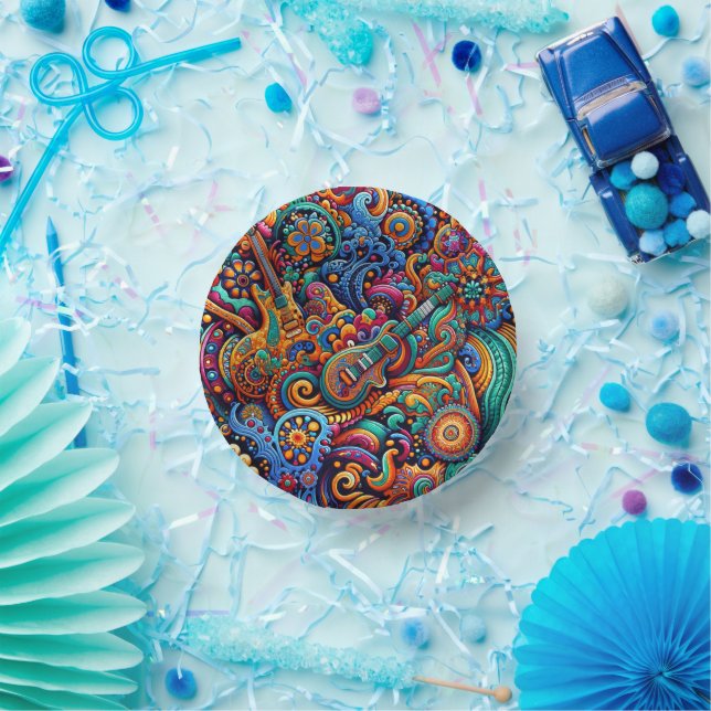 Psychedelic Batik Guitar Art–Colourful Retro Music Paper Plate (Party)