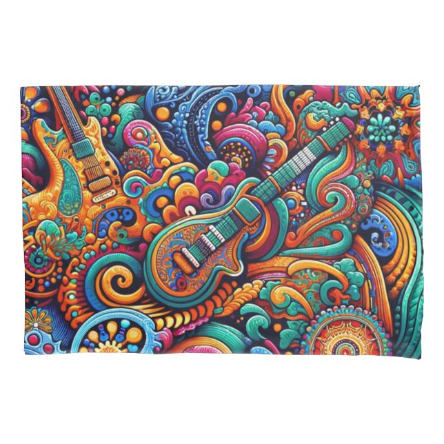 Psychedelic Batik Guitar Art–Colourful Retro Music Pillowcase (Front)