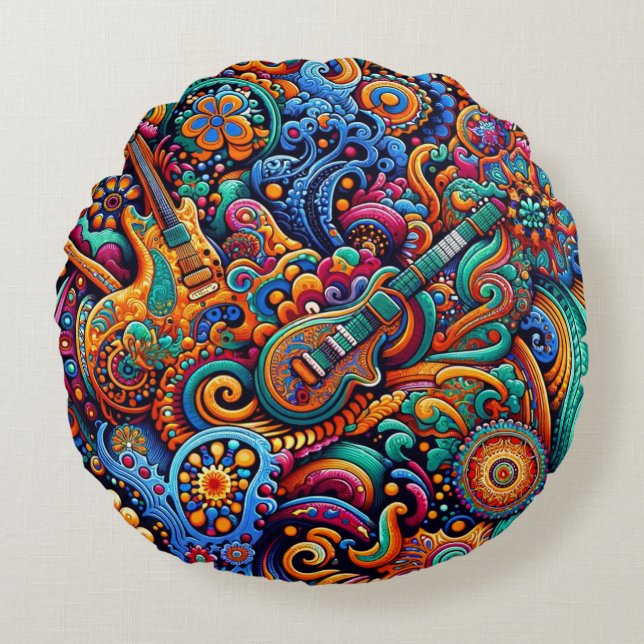 Psychedelic Batik Guitar Art–Colourful Retro Music Round Pillow (Front)