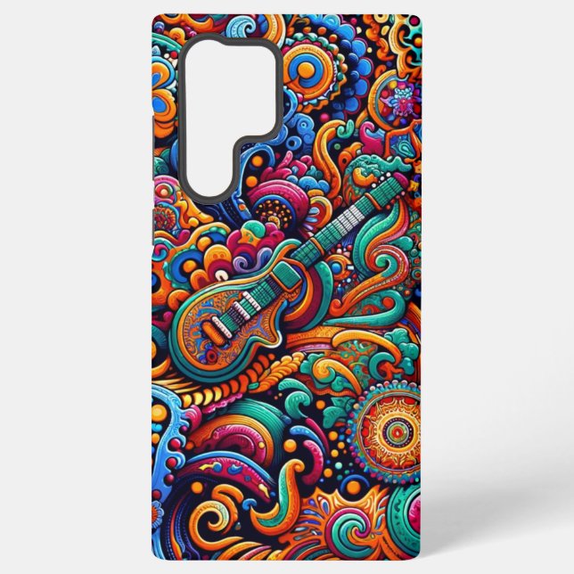 Psychedelic Batik Guitar Art–Colourful Retro Music Samsung Galaxy S22 Ultra Case (Back)