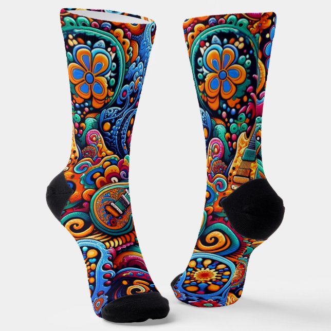 Psychedelic Batik Guitar Art–Colourful Retro Music Socks (Angled)