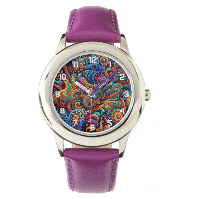 Psychedelic Batik Guitar Art–Colourful Retro Music Watch (Front)
