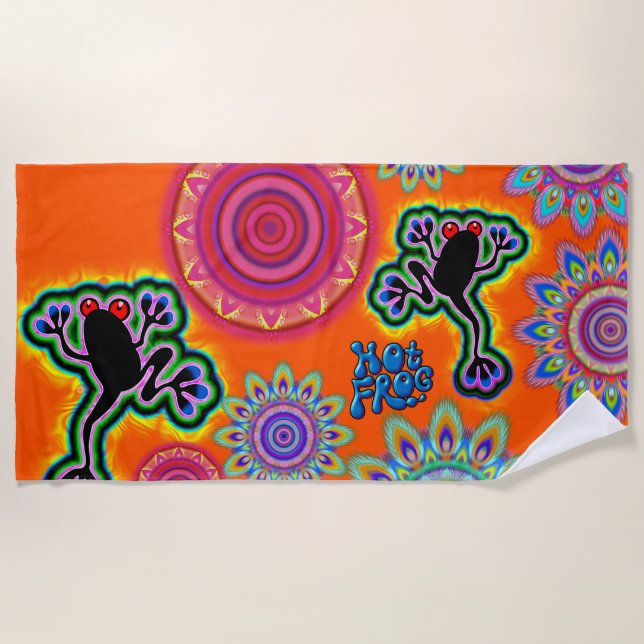 Psychedelic Beach Towel Hot Frog Surf Orange (Front)