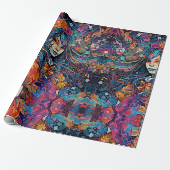 Psychedelic Blue Alice in wonderland Theme Wrapping Paper (Unrolled)