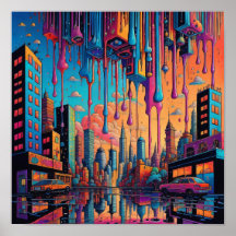 Psychedelic Blue Orange Drippy City 