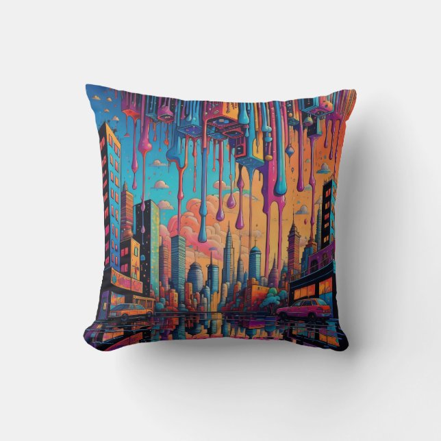Psychedelic Blue Orange Drippy City  Throw Pillow (Front)