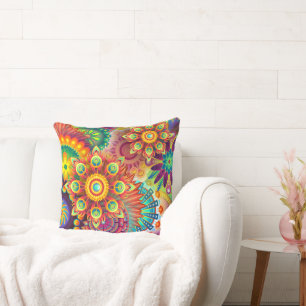 Psychedelic Boho Bohemian Colourful 70s Hippie Art Throw Pillow