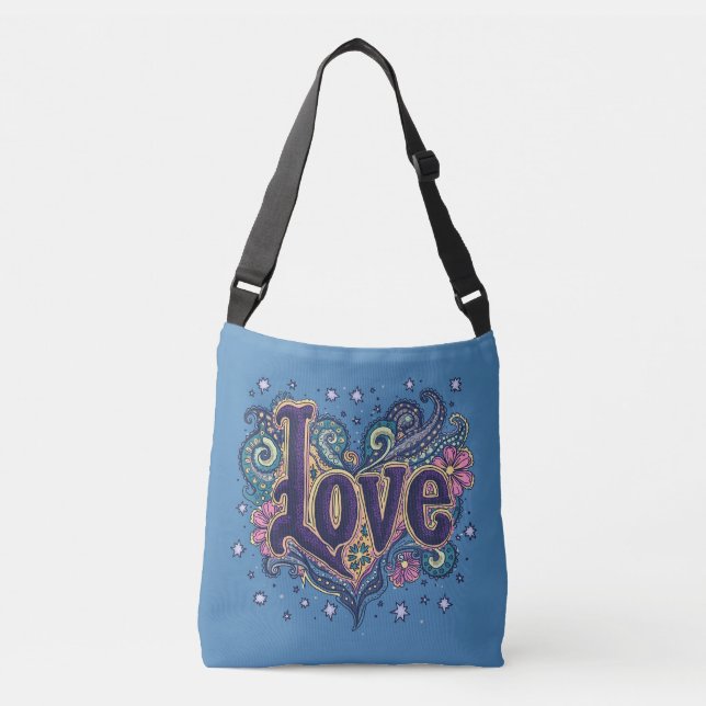 Psychedelic Boho Love Lettering with Floral Accent Crossbody Bag (Front)