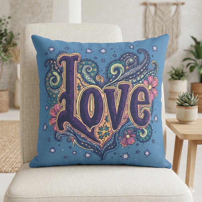 Psychedelic Boho Love Lettering with Floral Accent Throw Pillow (Psychedelic Boho Love Lettering with Floral Throw Pillow Mockup A)