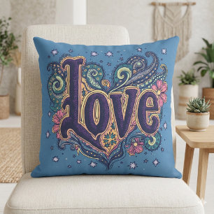 Psychedelic Boho Love Lettering with Floral Throw Pillow