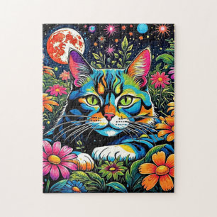 Psychedelic Cat among flowers Jigsaw Puzzle