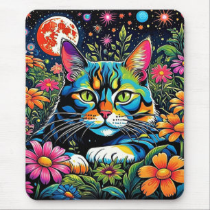 Psychedelic Cat among flowers Mouse Pad