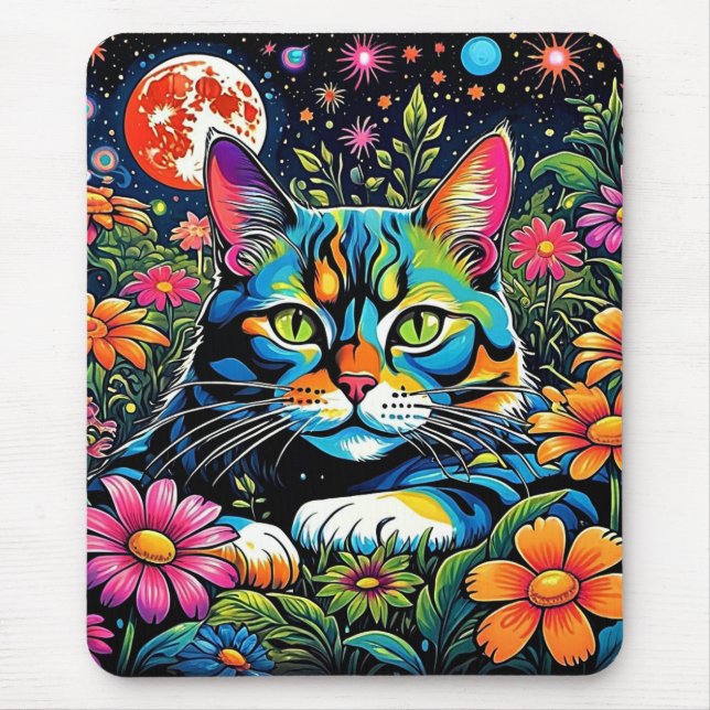 Psychedelic Cat among flowers Mouse Pad (Front)