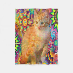 Psychedelic Cat Fleece Blanket, Tie Dye Cat Blanket