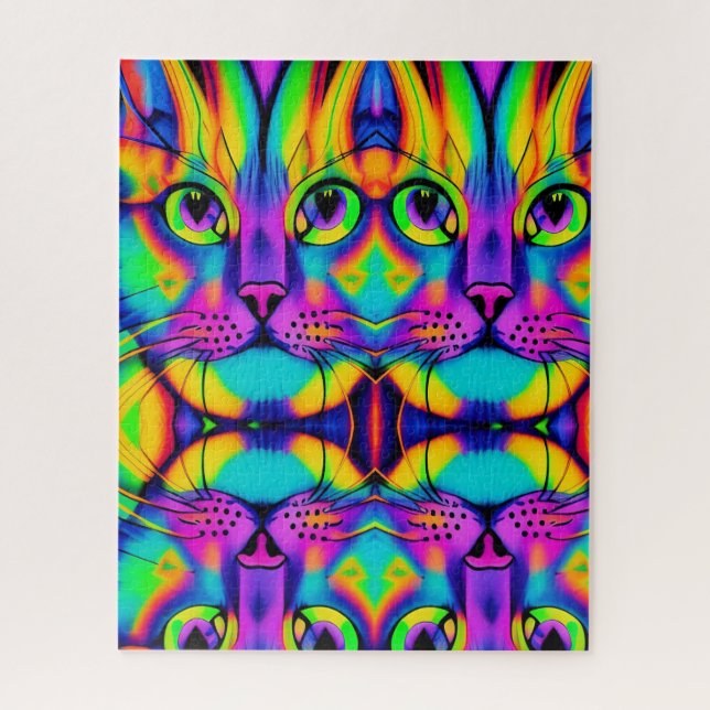 Psychedelic cat illusion purple fuchsia green  jigsaw puzzle (Vertical)