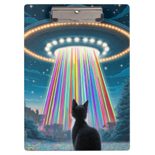 Psychedelic Cat & UFO   Funny Alien Abduction Art Clipboard