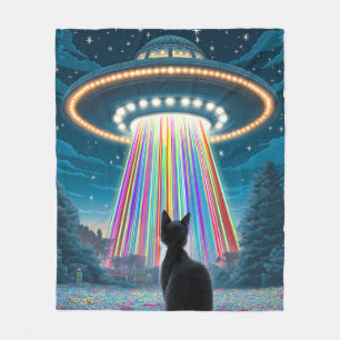 Psychedelic Cat & UFO   Funny Alien Abduction Art Fleece Blanket