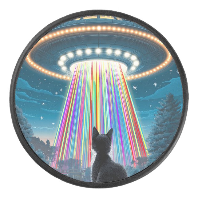 Psychedelic Cat & UFO | Funny Alien Abduction Art Hockey Puck (Front)