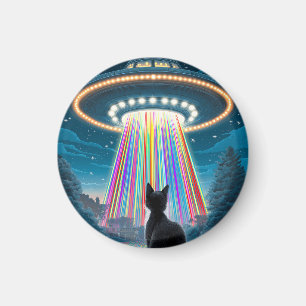 Psychedelic Cat & UFO Funny Alien Abduction Art Magnet