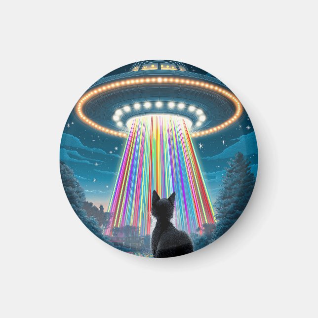 Psychedelic Cat & UFO | Funny Alien Abduction Art Magnet (Front)