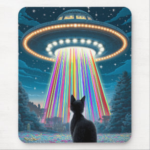 Psychedelic Cat & UFO Funny Alien Abduction Art Mouse Pad