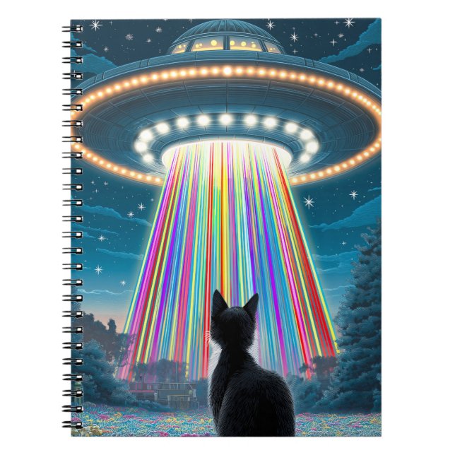 Psychedelic Cat & UFO | Funny Alien Abduction Art Notebook (Front)