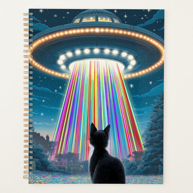 Psychedelic Cat & UFO | Funny Alien Abduction Art Planner (Front)