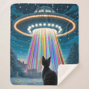 Psychedelic Cat & UFO   Funny Alien Abduction Art Sherpa Blanket