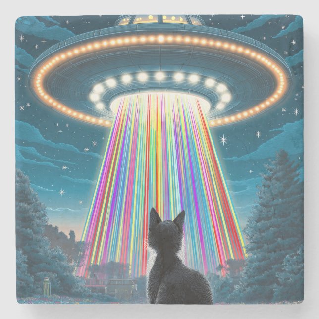 Psychedelic Cat & UFO | Funny Alien Abduction Art Stone Coaster (Front)