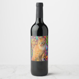 Psychedelic Cat Wine Bottle, Tie Dye Cat Label