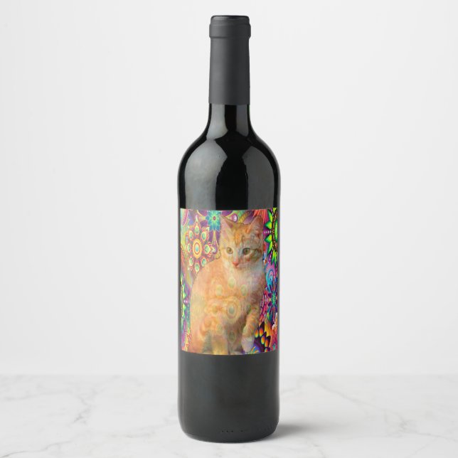 Psychedelic Cat Wine Bottle, Tie Dye Cat Wine Label (Front)
