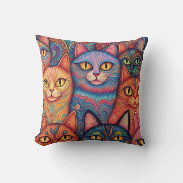 Psychedelic cats. Hippy, Bohemian, BoHo Throw Pillow (Front)