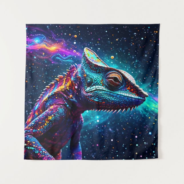Psychedelic Chameleon Painting Galaxies Tapestry (Front)