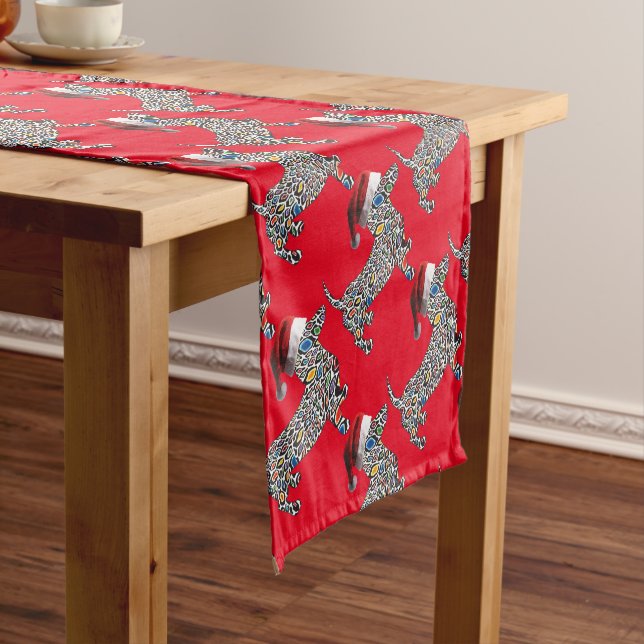 Psychedelic-Cheetah-Doxie-Santa Short Table Runner (In Situ)