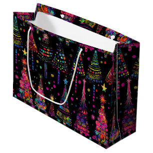 Psychedelic Christmas Trees on Black Large Gift Bag