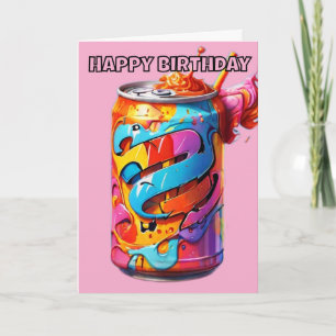 psychedelic coloured soda can birthday card