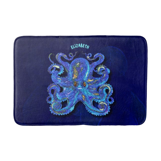 Psychedelic Colourful Blue Octopus With Brown Eyes Bath Mat (Front)