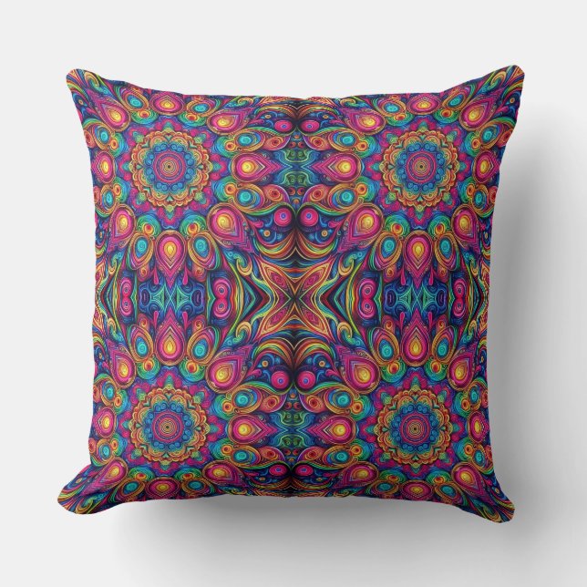 Psychedelic Colourful Geometric Pattern Throw Pillow (Front)