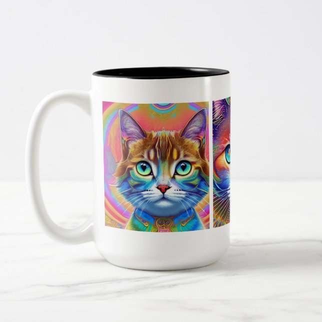 Psychedelic Colourful Royal Cats Two-Tone Coffee Mug (Left)